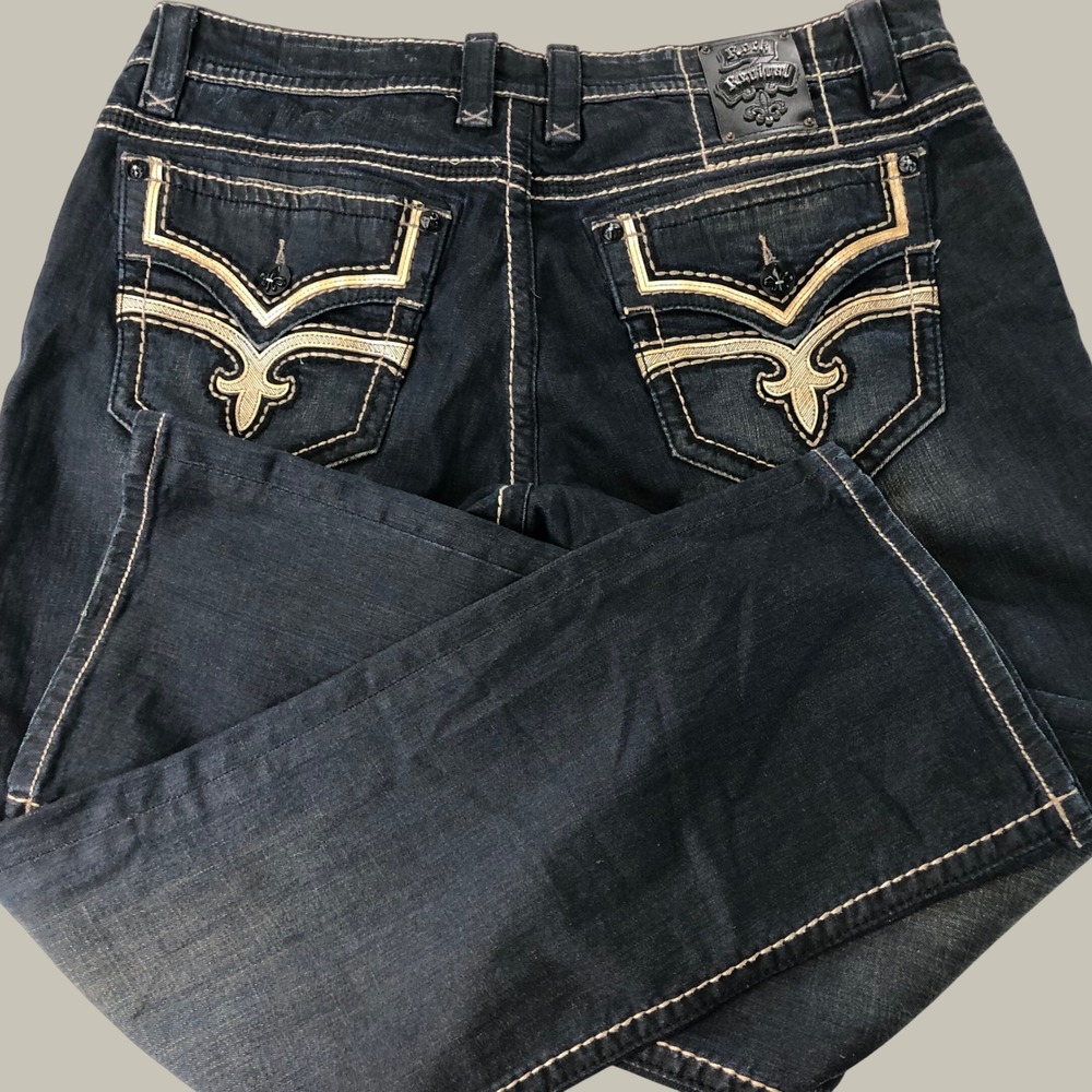 Rock Revival Straight Jeans Men 42x34 Big & Tall Kay Indigo Blue Dark Whiskering